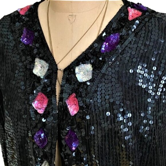 Vintage 80s sequins beaded sparkly jacket kimono cardigan, silk - Picture 4 of 16